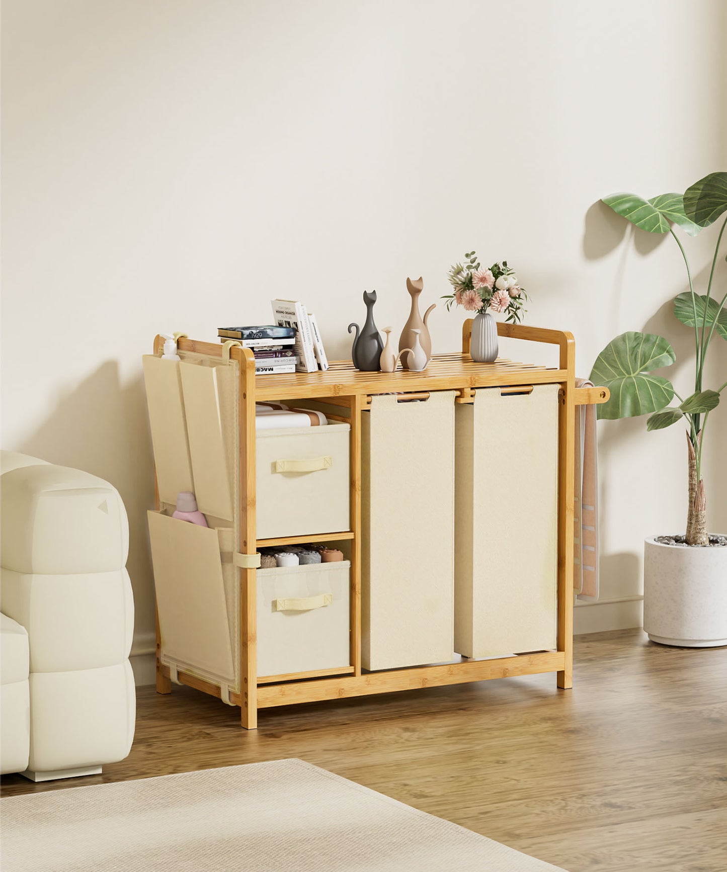 Enogets Bamboo Laundry Hamper, 140L Large Clothes with Removable Bags & Sorter, 4 Section Organizer