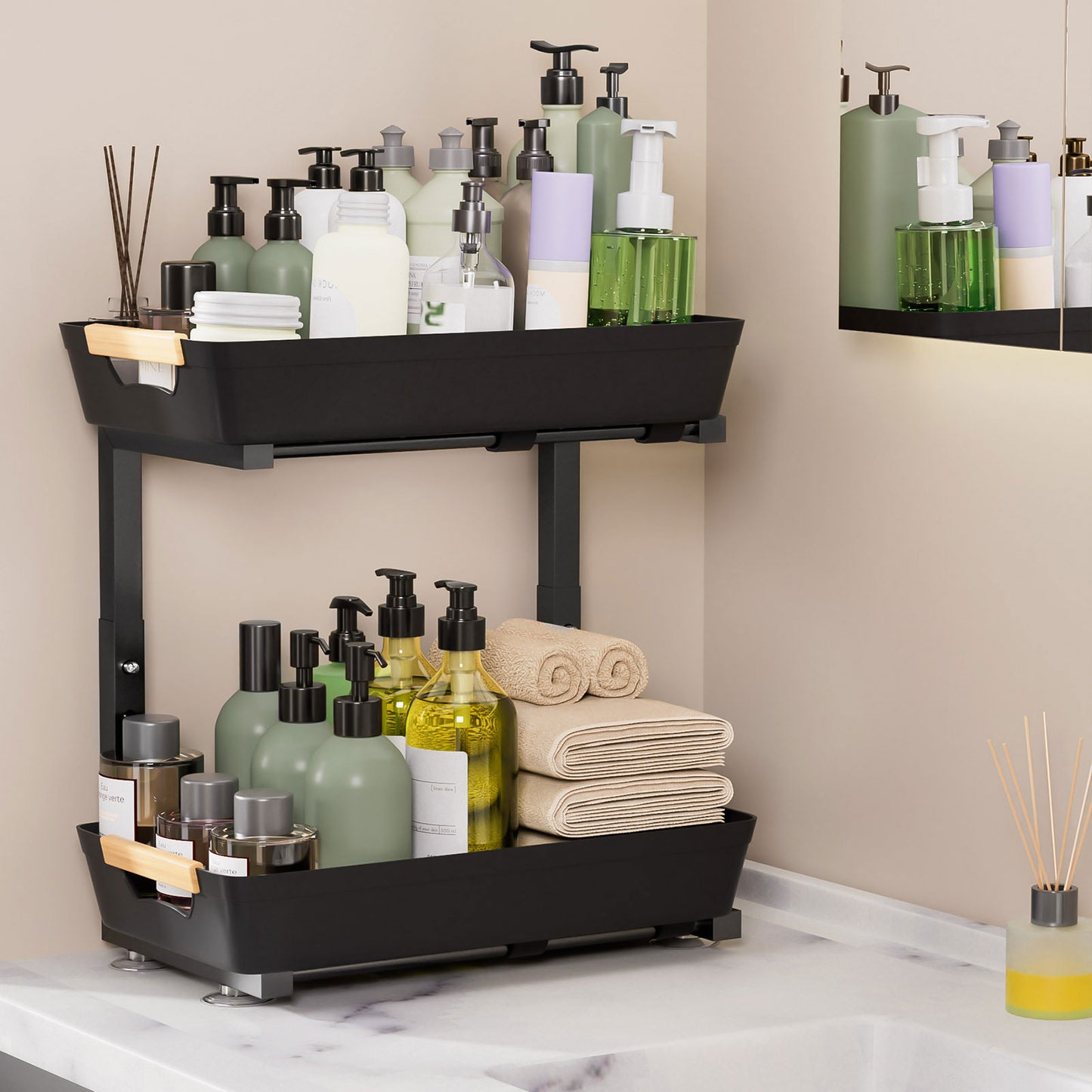 Enogets 2-Pack Under Sink Organizer, 2-Tier Pull-Out Storage Shelf for Kitchen & Bathroom – Black