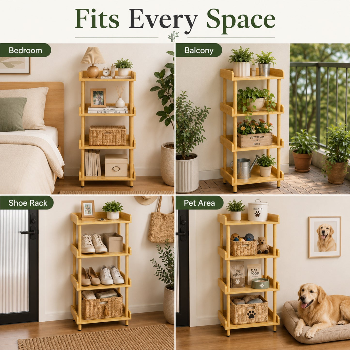 Enogets Bamboo 4-Tier Shelf with Tool-Free Assembly, Bamboo Storage Shelving for Bathroom, Living Room, Kitchen