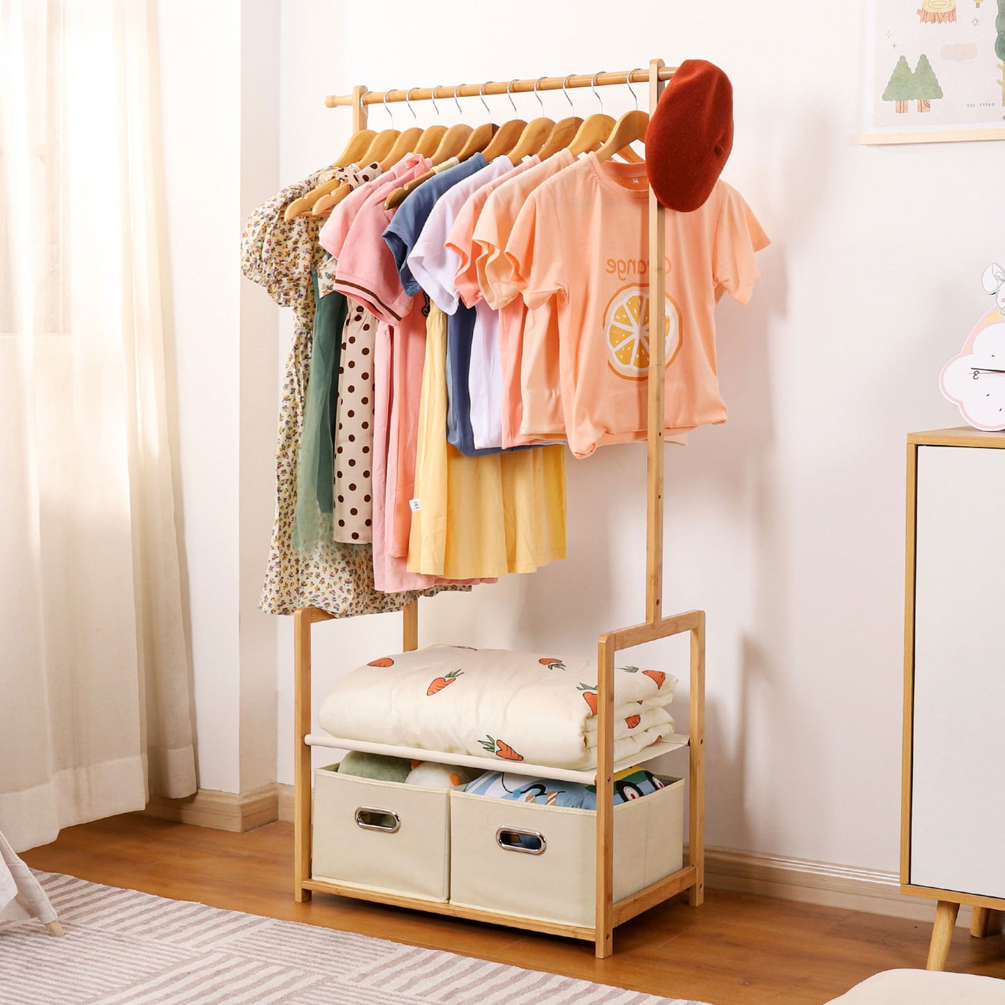 Enogets Bamboo Closet Organizer, Freestanding Clothing Rack with Adjustable Hanging Rods & 2 Storage Baskets for Children's Bedroom