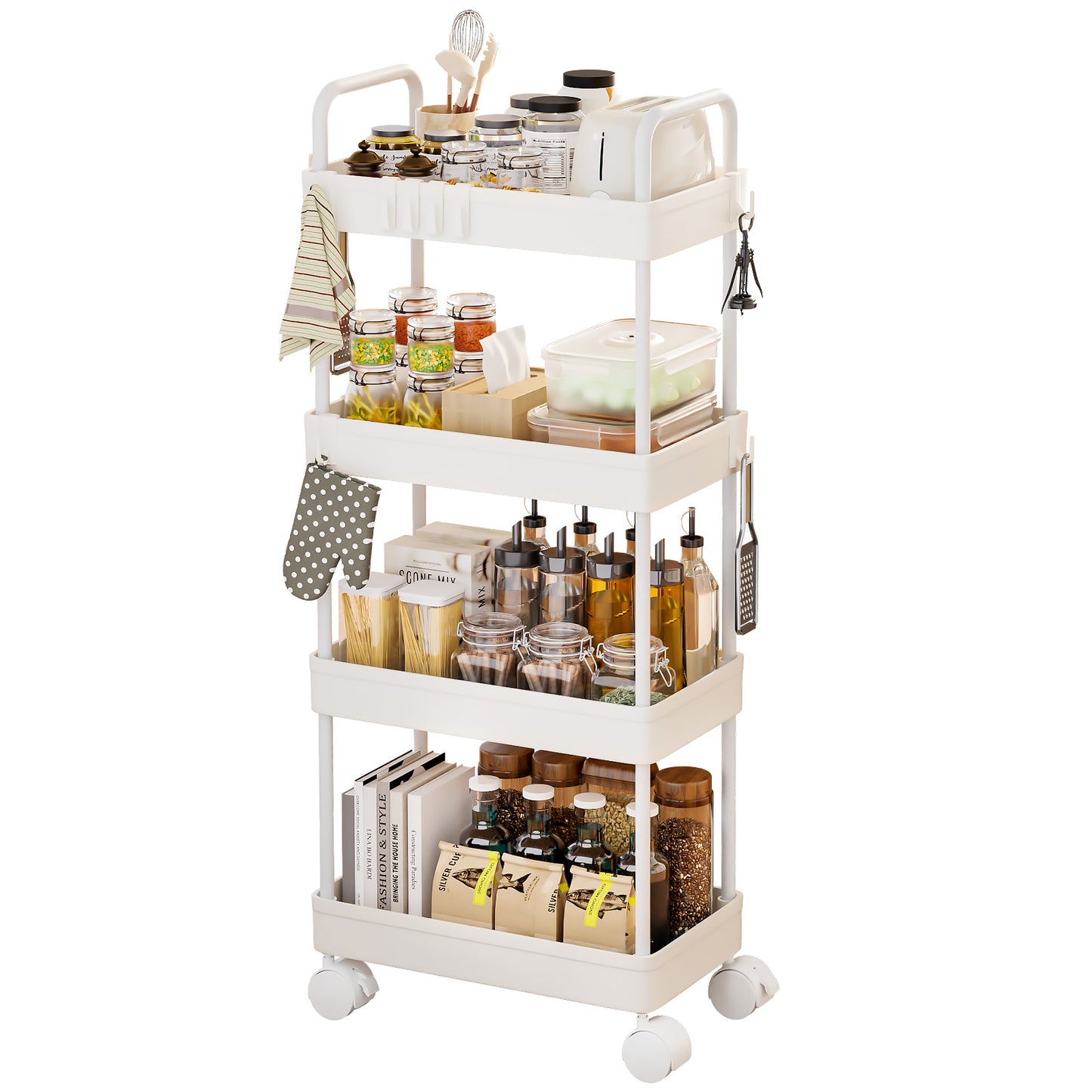 Enogets 4 Tier Utility Rolling Cart, Mobile Storage Cart for Kitchen with Lockable Caster Wheels, Handle & Hooks, White