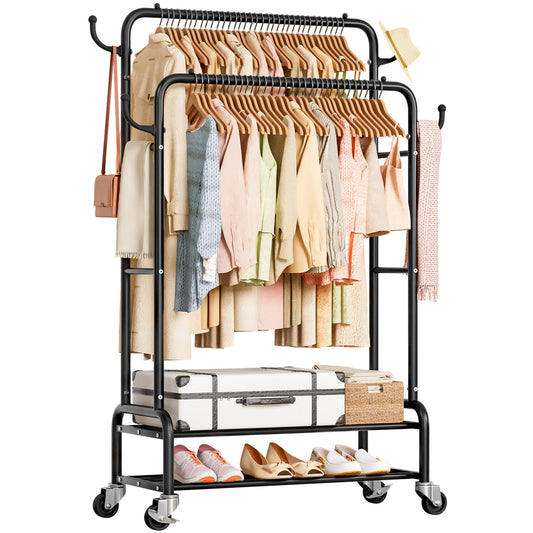 Enogets Heavy Duty Double Rod Garment Rack, Rolling Clothing Racks for Hanging Clothes with Shelves & Wheels, Black