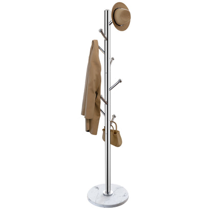 Enogets Coat Rack Stand with Marble Base & 8 Stainless Steel Hooks, Freestanding Clothes Tree (70" Tall, Silver)"