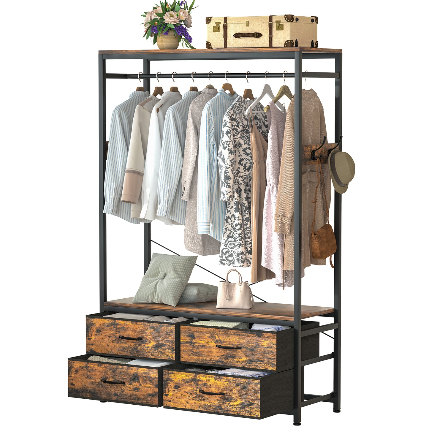 Enogets Freestanding Clothes Rack with 4 Drawers & Shelves Garment Hanging Rack with 4 Hooks- Wardrobe Storage Organizer for Bedroom, Living Room