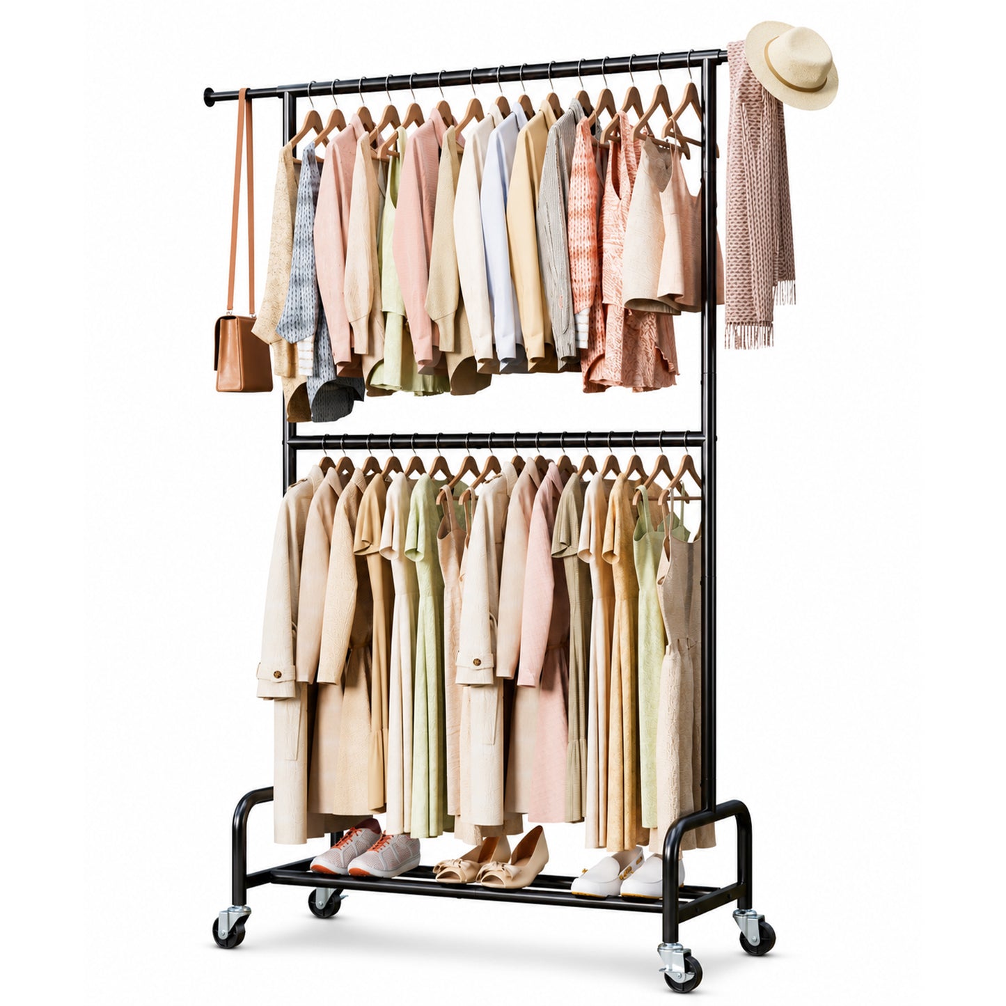 Enogets Heavy Duty Rolling Clothes Rack, double Layers with 450 lbs Capacity, Commercial Grade Garment Rack with Wheels, Black