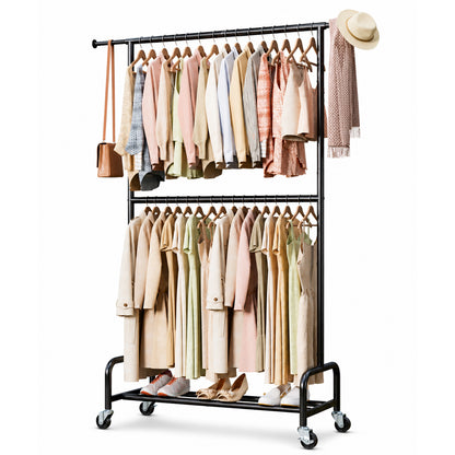 Enogets Heavy Duty Rolling Clothes Rack, double Layers with 450 lbs Capacity, Commercial Grade Garment Rack with Wheels, Black