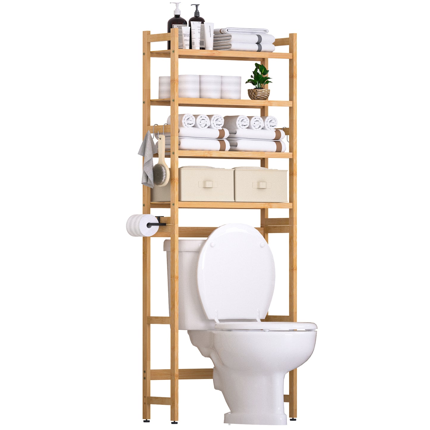Enogets Over the Toilet Storage, Bamboo Bathroom Shelf Organizer with 2 Baskets & 4 Hooks, 4-Tier Space Saver