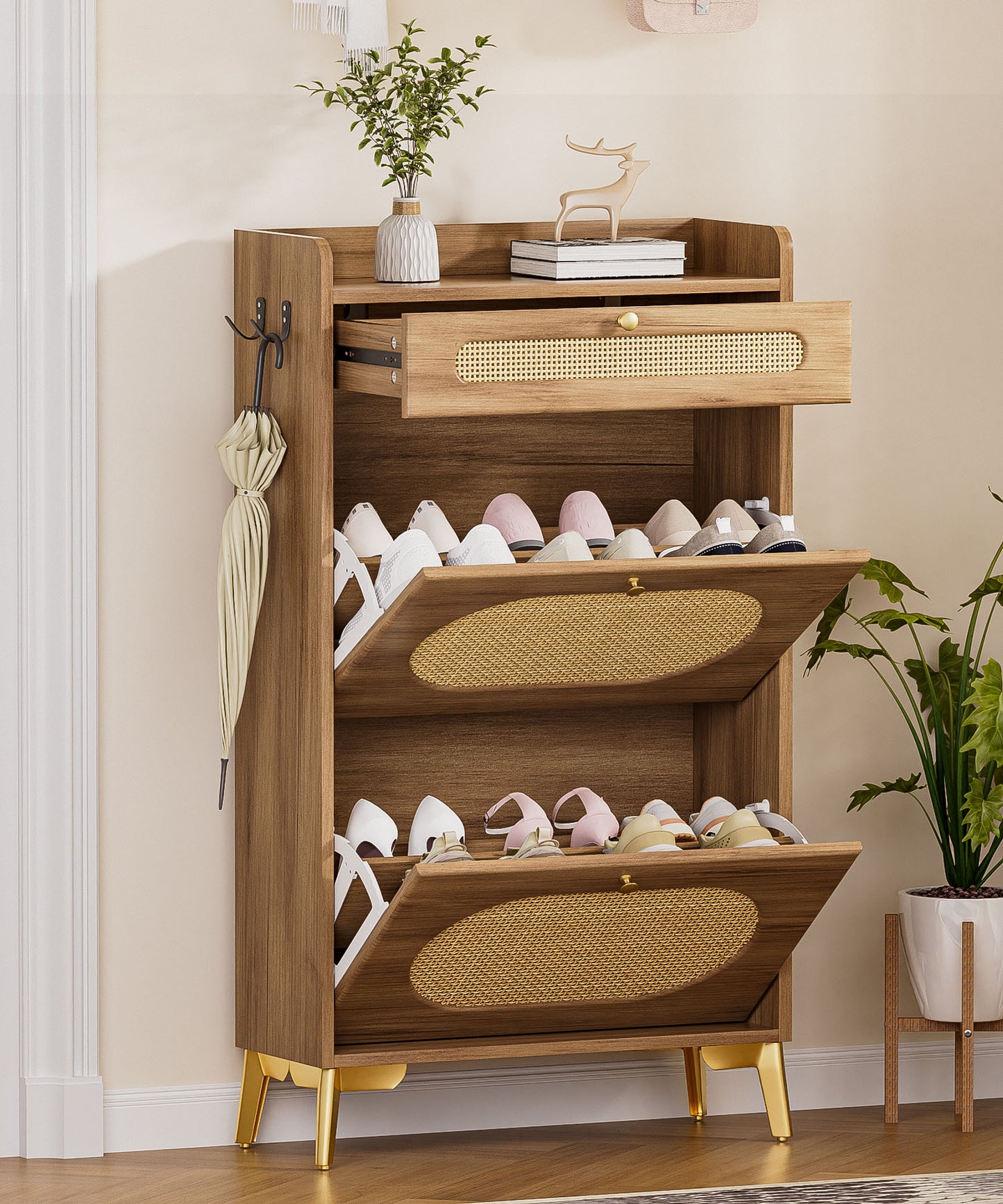 Enogets Rattan Shoe Cabinet with 2 Flip Drawers and Top Drawer for Entryway