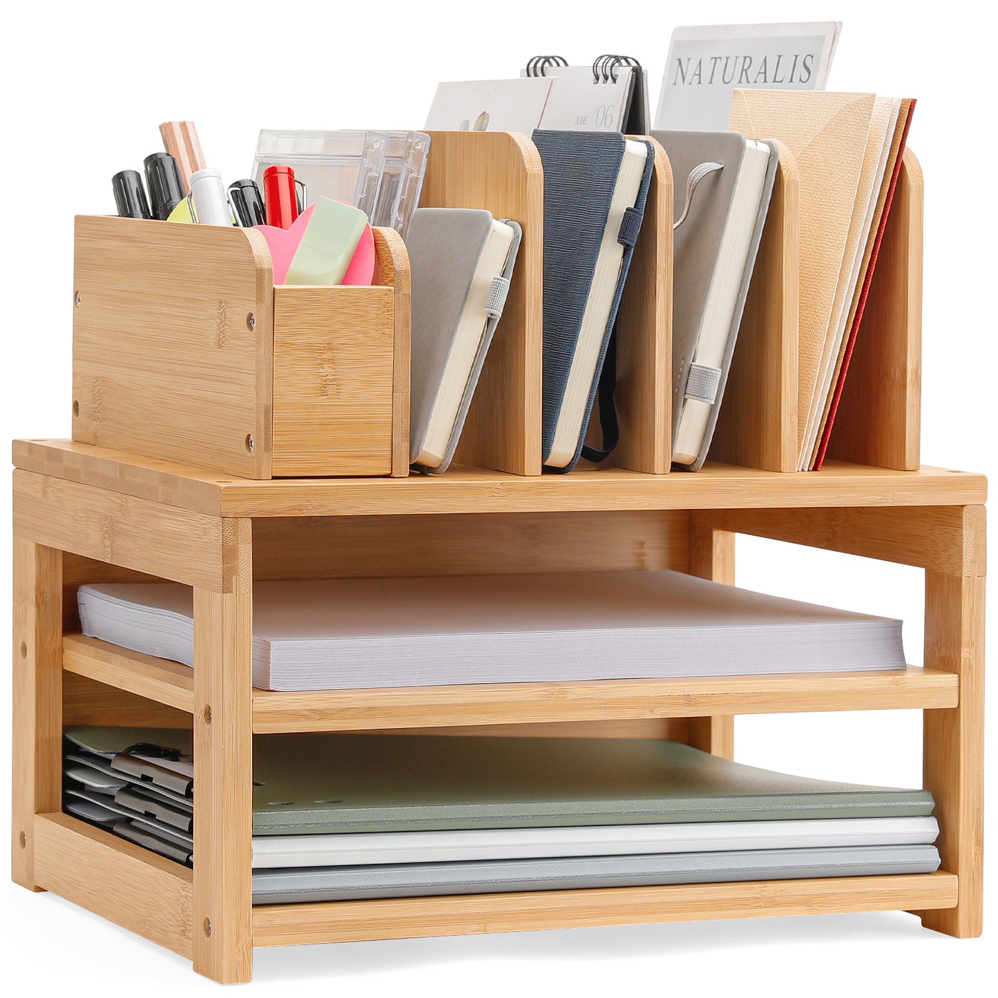 Enogets Bamboo Desk Organizer with File Holder & Adjustable Pen Holding, 3-Tier Desktop Letter Paper Tray Storage