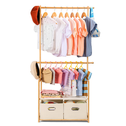 Enogets Bamboo Closet Organizer, Freestanding Clothing Rack with Adjustable Hanging Rods & 2 Storage Baskets for Children's Bedroom