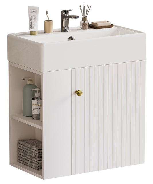 Enogets Bathroom Vanity Wall-Mounted with Ceramic Sink, Single Door Storage Cabinet, Space Saving Design for Small Bathroom