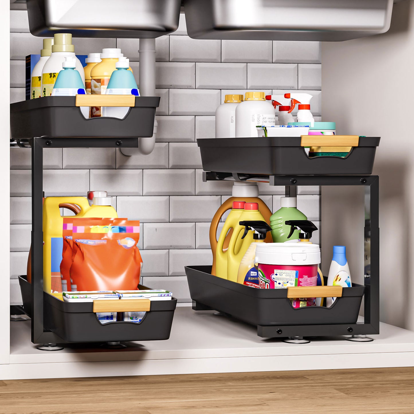 Enogets 2-Pack Under Sink Organizer, 2-Tier Pull-Out Storage Shelf for Kitchen & Bathroom – Black