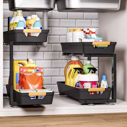 Enogets 2-Pack Under Sink Organizer, 2-Tier Pull-Out Storage Shelf for Kitchen & Bathroom – Black
