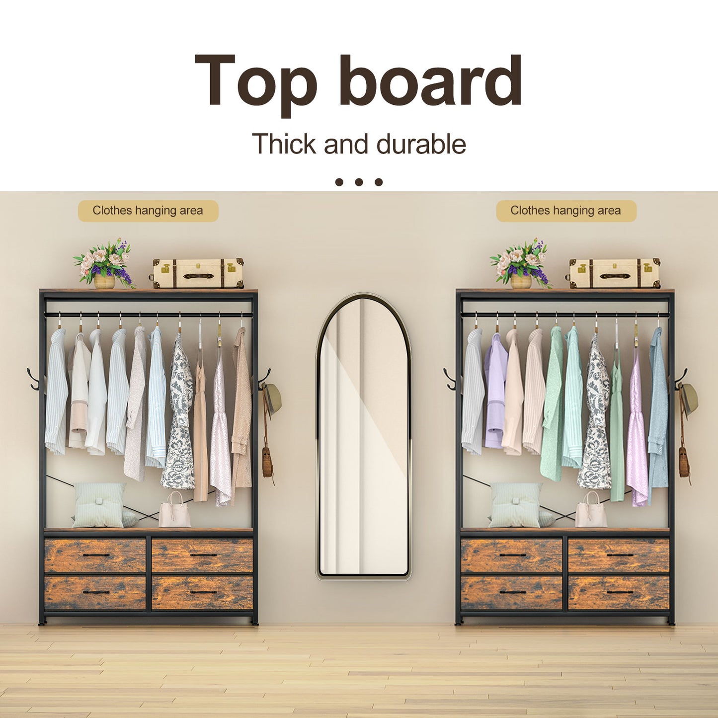 Enogets Freestanding Clothes Rack with 4 Drawers & Shelves Garment Hanging Rack with 4 Hooks- Wardrobe Storage Organizer for Bedroom, Living Room