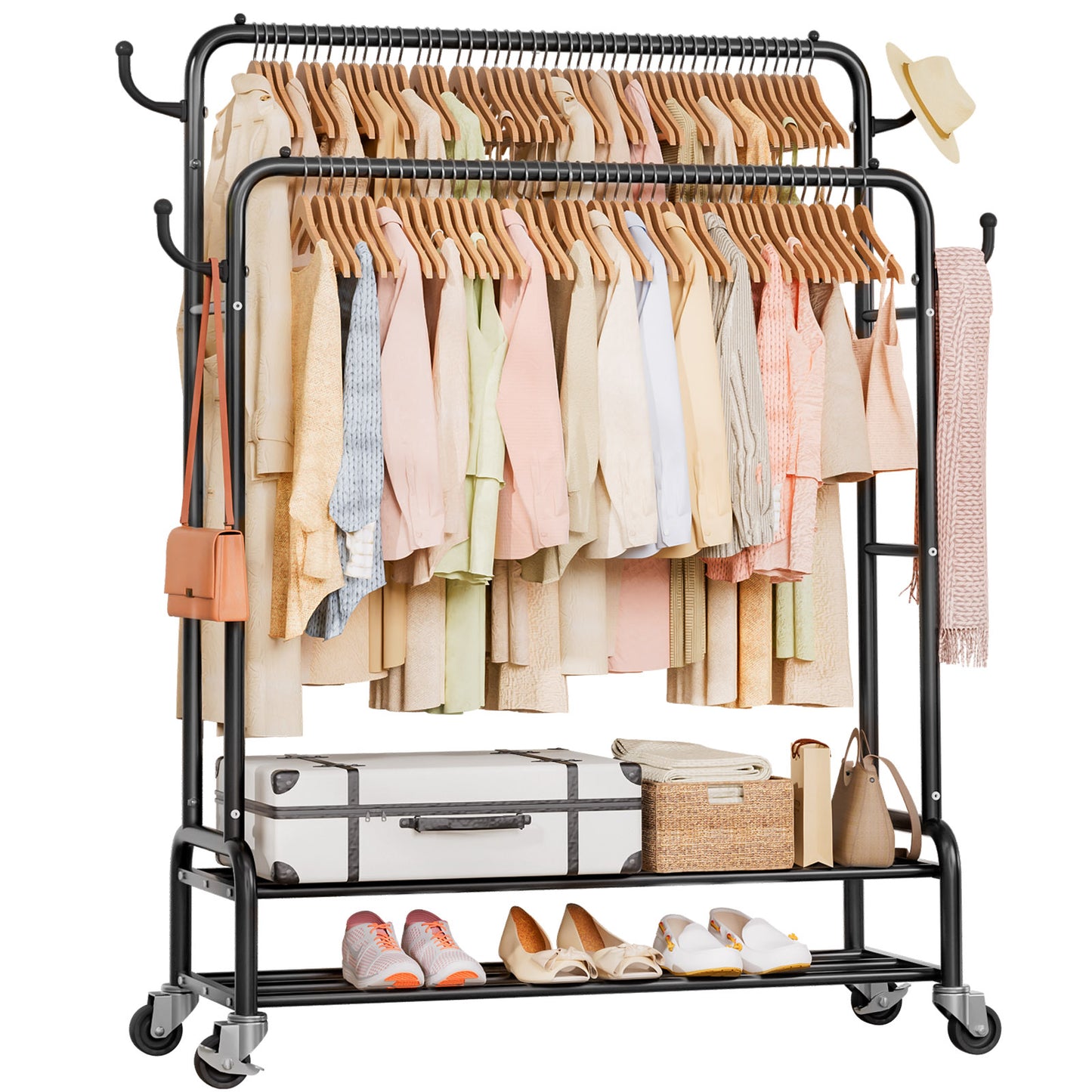 Enogets Heavy Duty Double Rod Garment Rack, Rolling Clothing Racks for Hanging Clothes with Shelves & Wheels, Black