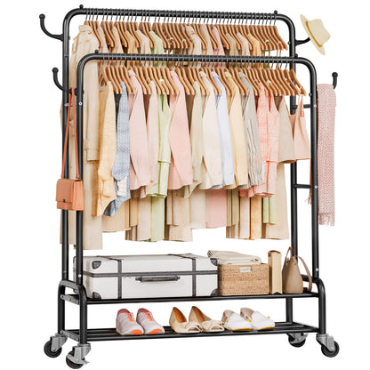 Enogets Heavy Duty Double Rod Garment Rack, Rolling Clothing Racks for Hanging Clothes with Shelves & Wheels, Black