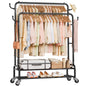 Enogets Heavy Duty Double Rod Garment Rack, Rolling Clothing Racks for Hanging Clothes with Shelves & Wheels, Black