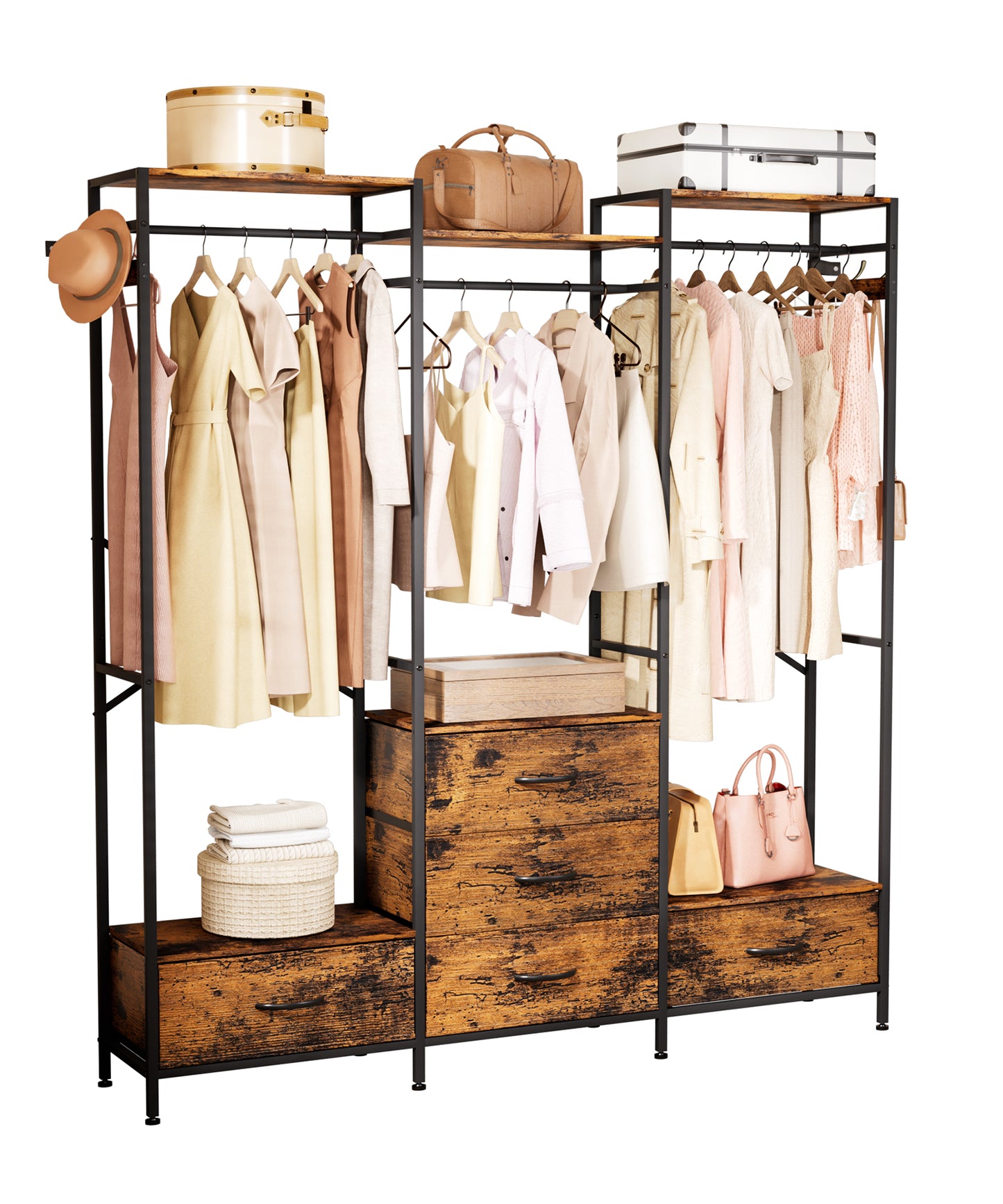 Enogets Freestanding Closet Organiser with 5 Drawer, Big Garment Hanging Rack, Wardrobe Storage Organizer for Bedroom, Living Room