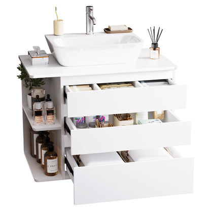 Enogets Wall Mounted Bathroom Vanity, White Floating Cabinet with 3 Drawers and Open Storage, Sink Not Included
