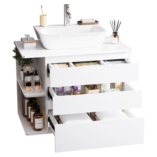 Enogets Wall Mounted Bathroom Vanity, White Floating Cabinet with 3 Drawers and Open Storage, Sink Not Included