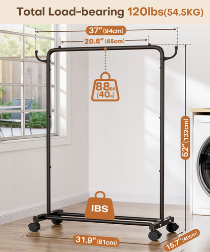 Enogets Heavy Duty Rolling Garment Rack，Metal Clothing Rack for Hanging with Stroage Shelf and Hooks（Black）