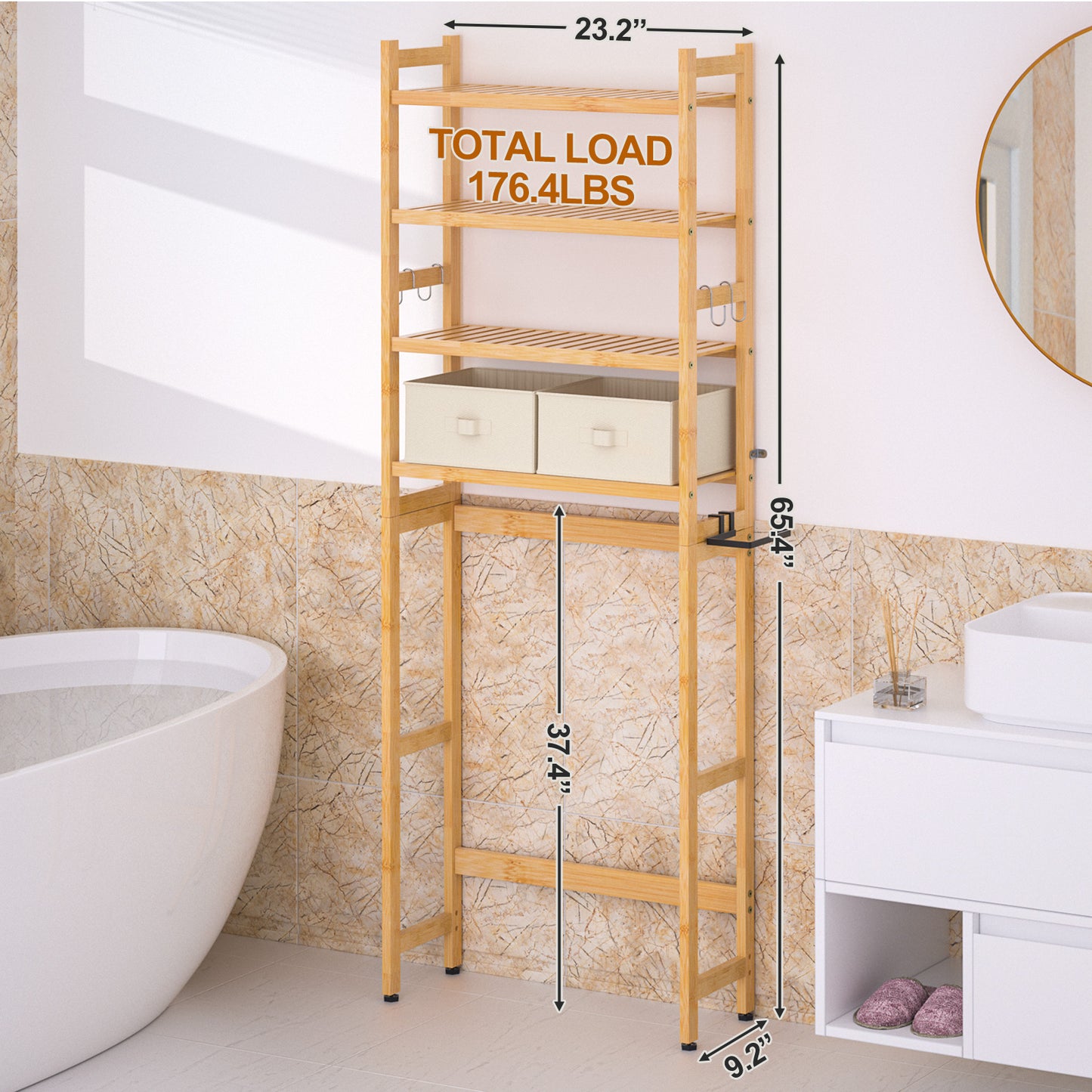 Enogets Over the Toilet Storage, Bamboo Bathroom Shelf Organizer with 2 Baskets & 4 Hooks, 4-Tier Space Saver