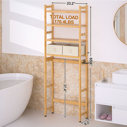 Enogets Over the Toilet Storage, Bamboo Bathroom Shelf Organizer with 2 Baskets & 4 Hooks, 4-Tier Space Saver