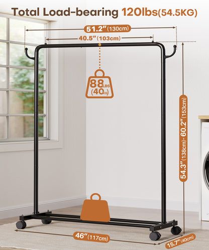 Enogets Heavy Duty Rolling Garment Rack，Metal Clothing Rack for Hanging with Stroage Shelf and Hooks（Black）