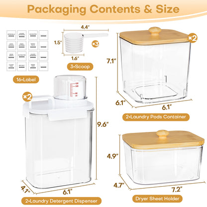 Enogets 5-Pack Laundry Pods Containers with Bamboo Lids, Clear Jars for Washing Detergent and Scent Beads, Includes Labels and Scoops