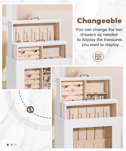 Enogets Jewelry Organizer with Display Windows& 3 Drawers, Jewelry Box for Girls Women Jewels