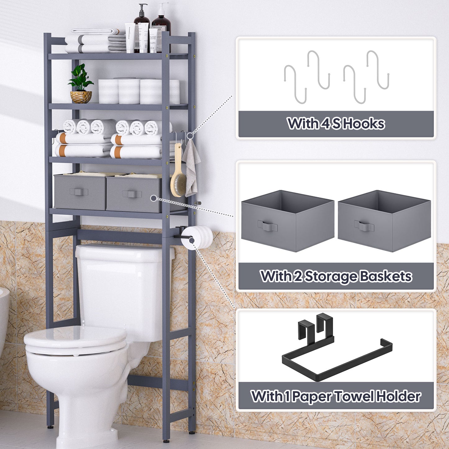 Enogets Over the Toilet Storage, Bamboo Bathroom Shelf Organizer with 2 Baskets & 4 Hooks, 4-Tier Space Saver