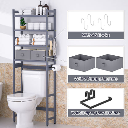 Enogets Over the Toilet Storage, Bamboo Bathroom Shelf Organizer with 2 Baskets & 4 Hooks, 4-Tier Space Saver