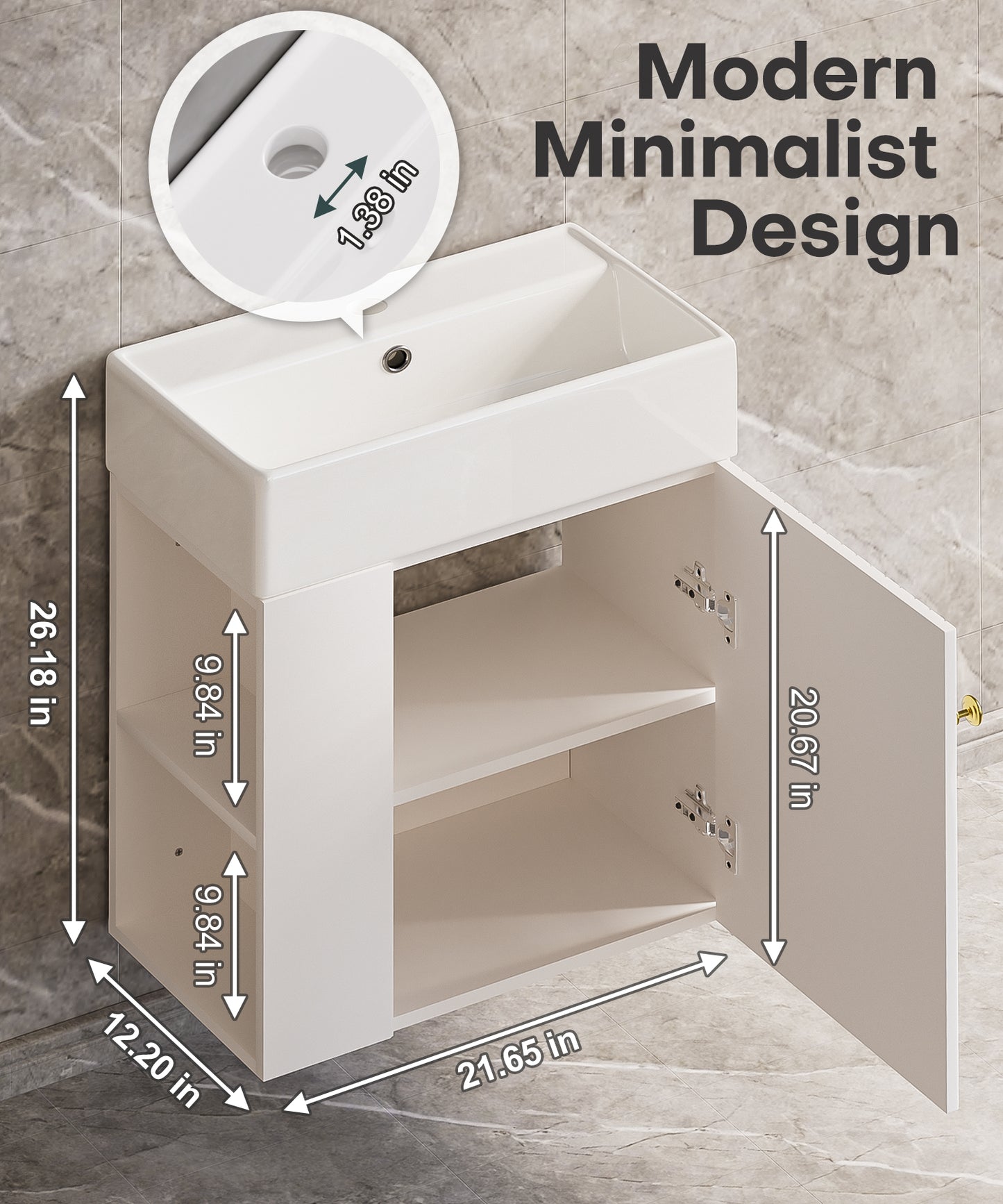 Enogets Bathroom Vanity Wall-Mounted with Ceramic Sink, Single Door Storage Cabinet, Space Saving Design for Small Bathroom