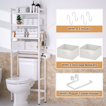 Enogets Over the Toilet Storage, Bamboo Bathroom Shelf Organizer with 2 Baskets & 4 Hooks, 4-Tier Space Saver