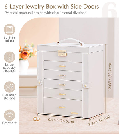 Enogets Large Jewelry Box for Women, 6 Layers 5 Drawers Organizer with Mirror for Ring Earring Necklace