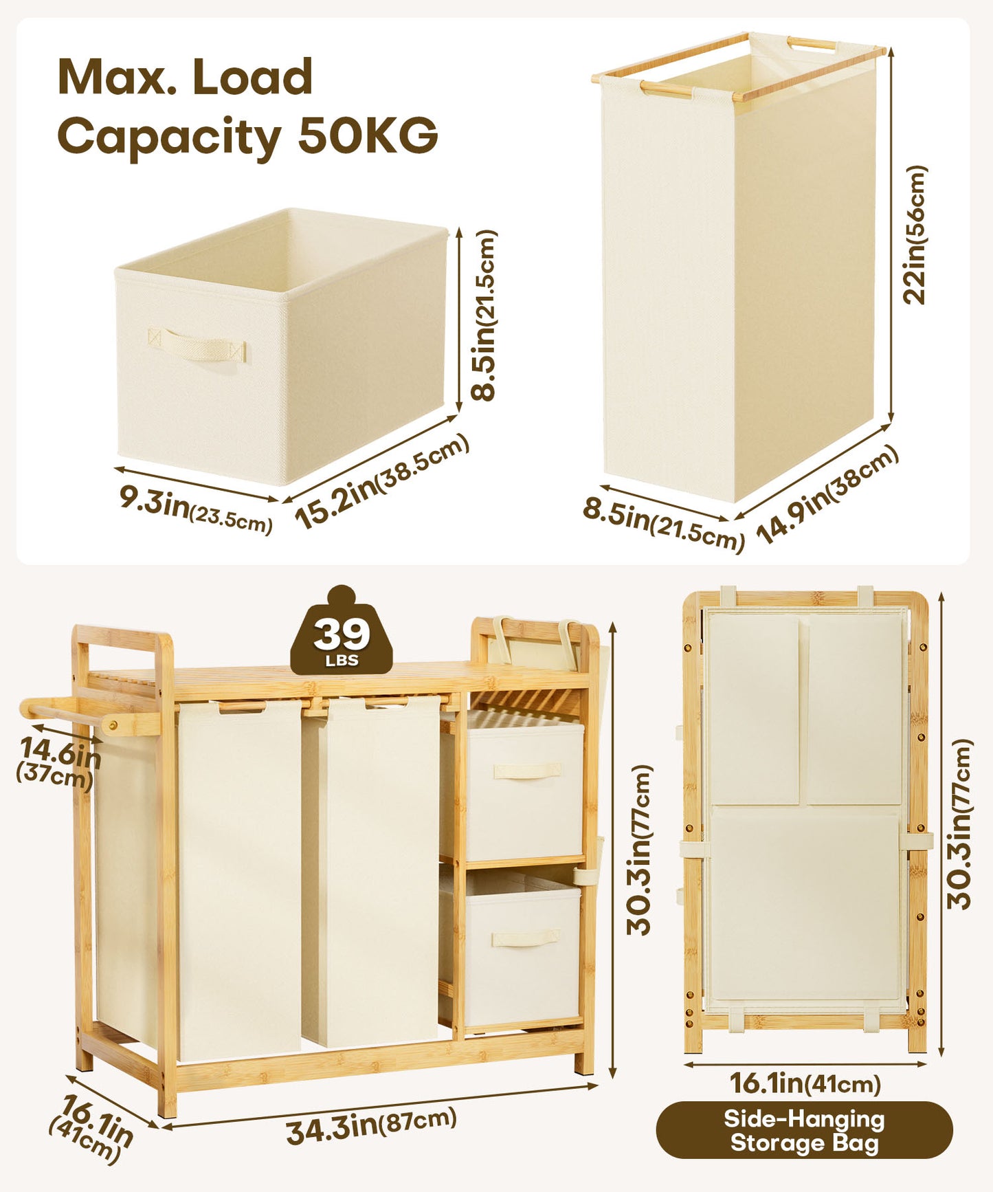 Enogets Bamboo Laundry Hamper, 140L Large Clothes with Removable Bags & Sorter, 4 Section Organizer