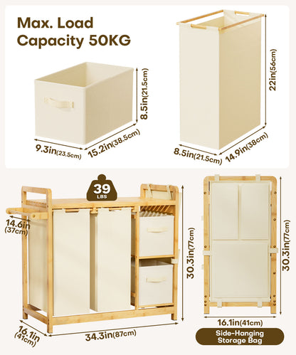 Enogets Bamboo Laundry Hamper, 140L Large Clothes with Removable Bags & Sorter, 4 Section Organizer