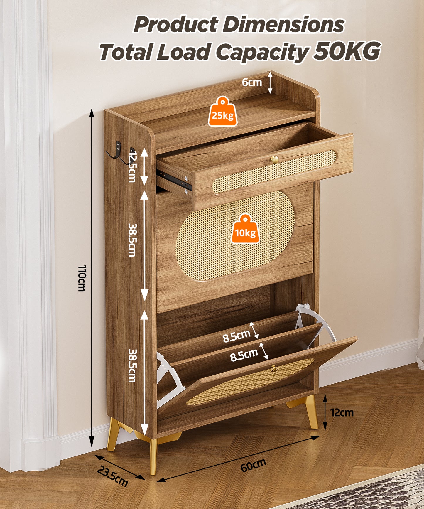 Enogets Rattan Shoe Cabinet with 2 Flip Drawers and Top Drawer for Entryway