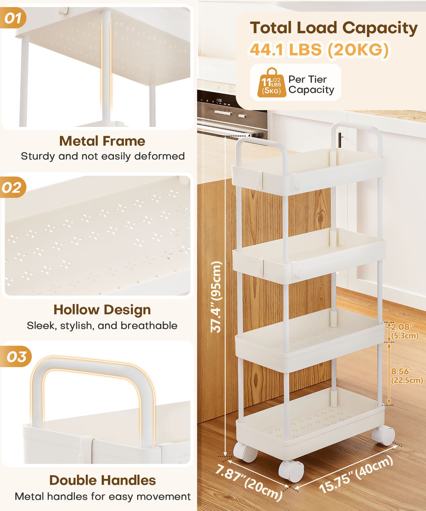 Enogets 4 Tier Utility Rolling Cart, Mobile Storage Cart for Kitchen with Lockable Caster Wheels, Handle & Hooks, White