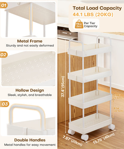Enogets 4 Tier Utility Rolling Cart, Mobile Storage Cart for Kitchen with Lockable Caster Wheels, Handle & Hooks, White