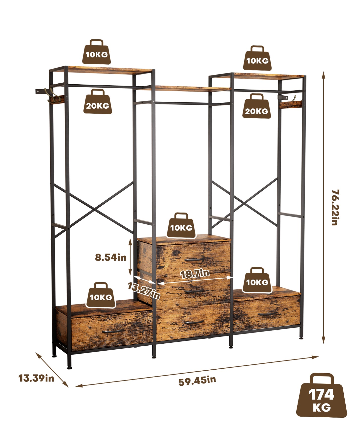Enogets Freestanding Closet Organiser with 5 Drawer, Big Garment Hanging Rack, Wardrobe Storage Organizer for Bedroom, Living Room