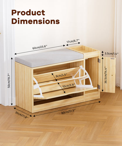 Enogets 2 in 1 Shoe Bench with 2 Flip Drawers, Modern Entryway Shoes Cabinet with Padded Seat Cushion, Wooden Shoe Storage for Entryway, Bedroom and Apartment, 31.5"