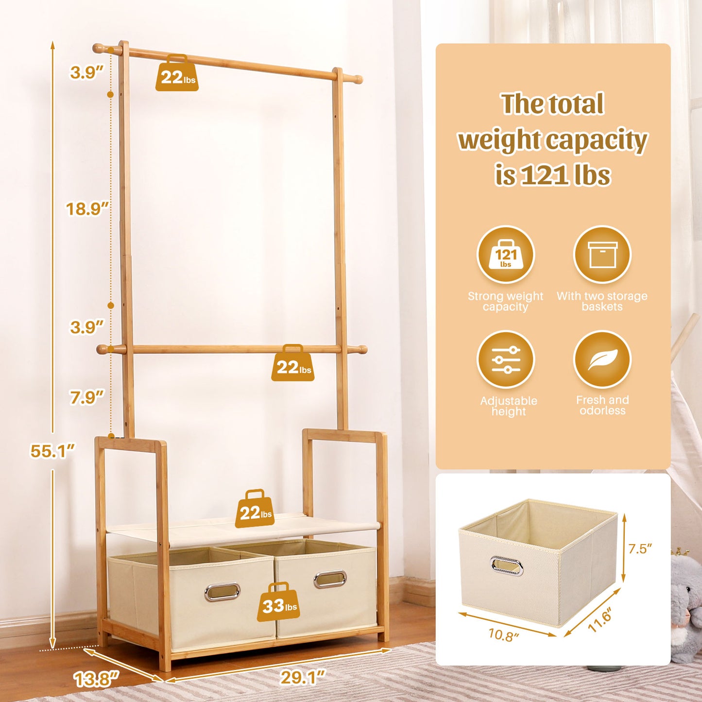 Enogets Bamboo Closet Organizer, Freestanding Clothing Rack with Adjustable Hanging Rods & 2 Storage Baskets for Children's Bedroom