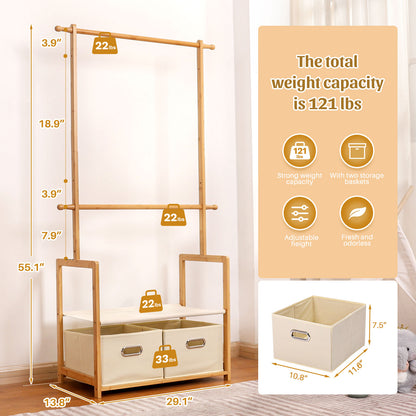 Enogets Bamboo Closet Organizer, Freestanding Clothing Rack with Adjustable Hanging Rods & 2 Storage Baskets for Children's Bedroom