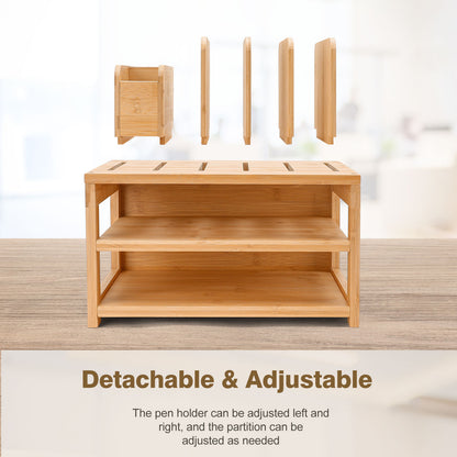 Enogets Bamboo Desk Organizer with File Holder & Adjustable Pen Holding, 3-Tier Desktop Letter Paper Tray Storage