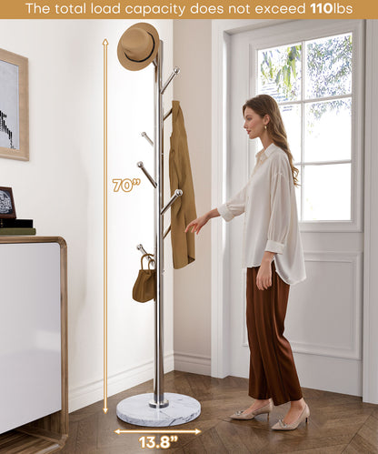 Enogets Coat Rack Stand with Marble Base & 8 Stainless Steel Hooks, Freestanding Clothes Tree (70" Tall, Silver)"