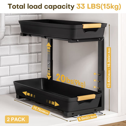 Enogets 2-Pack Under Sink Organizer, 2-Tier Pull-Out Storage Shelf for Kitchen & Bathroom – Black