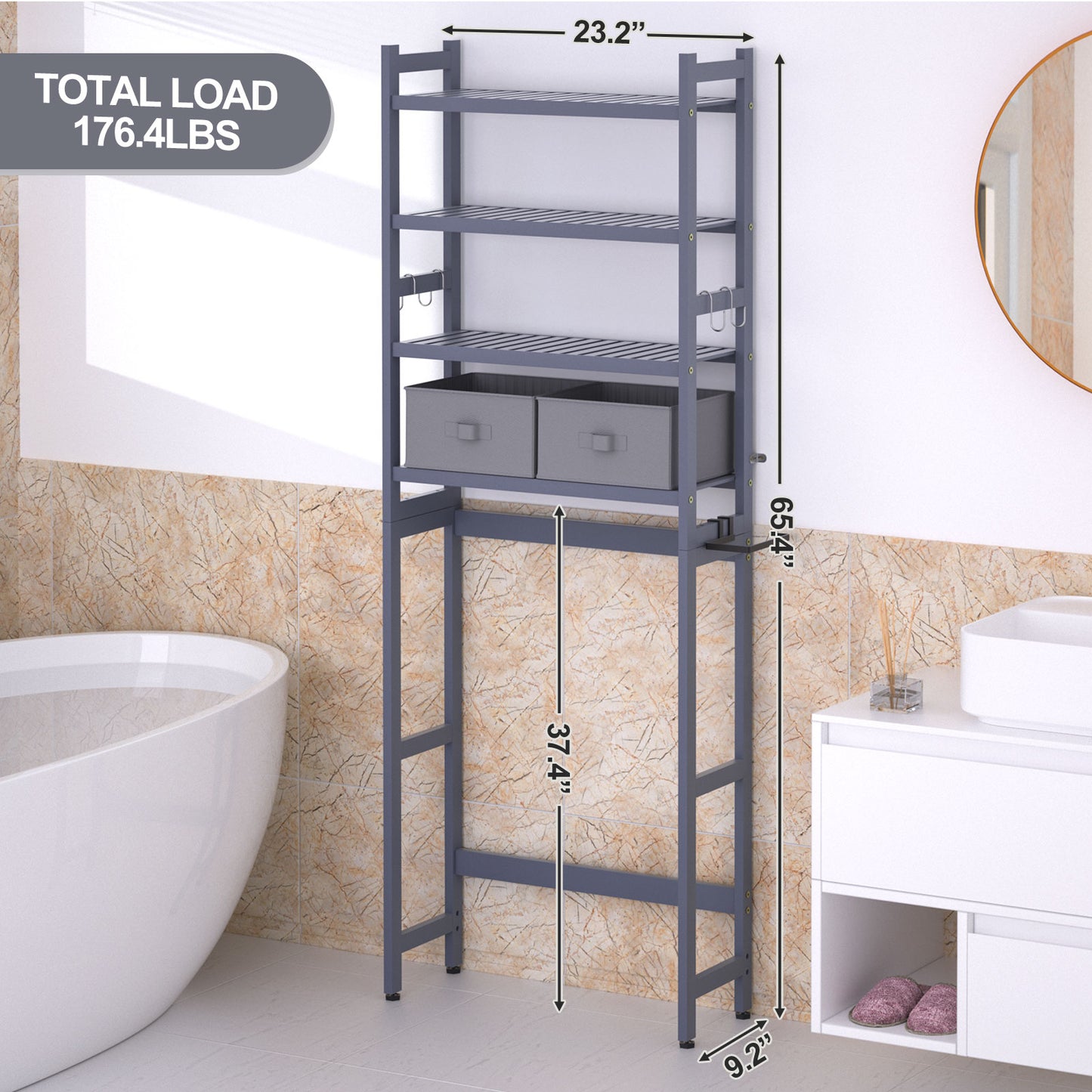 Enogets Over the Toilet Storage, Bamboo Bathroom Shelf Organizer with 2 Baskets & 4 Hooks, 4-Tier Space Saver