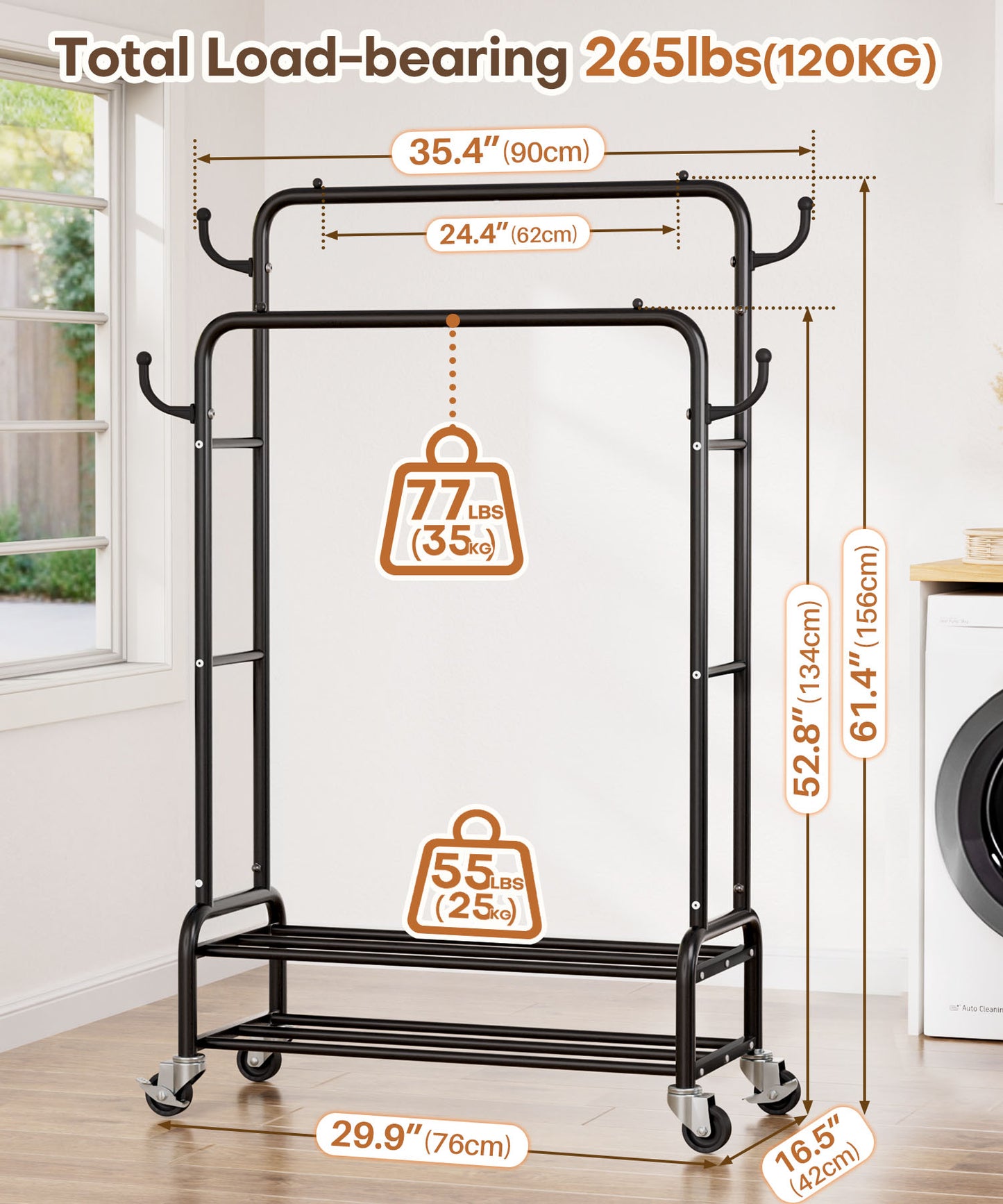 Enogets Heavy Duty Double Rod Garment Rack, Rolling Clothing Racks for Hanging Clothes with Shelves & Wheels, Black