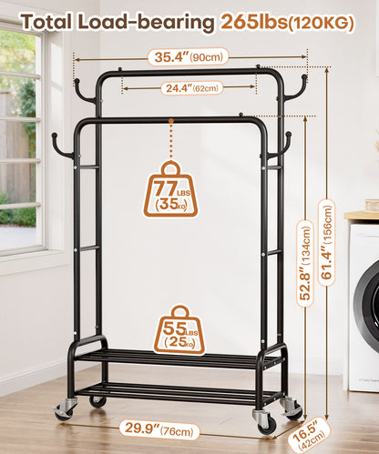 Enogets Heavy Duty Double Rod Garment Rack, Rolling Clothing Racks for Hanging Clothes with Shelves & Wheels, Black